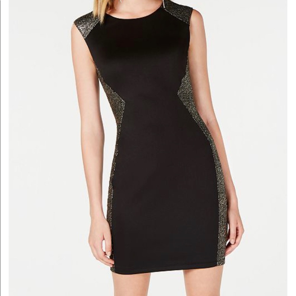 NWT BCX black dress shimmer gold side panel sz 9
